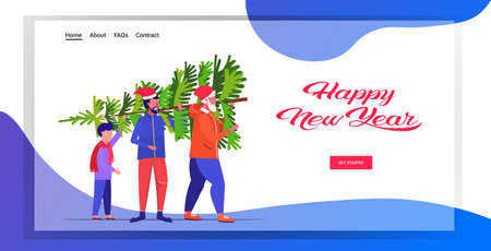 multi generation family carrying freshly cut down christmas tree winter holidays celebration concept grandfather father and son holding fir tree horizontal full length copy space vector illustrationのイラスト素材