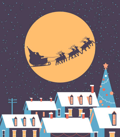 santa flying in sleigh with reindeers in night sky over snowy village houses merry christmas happy new year winter holidays concept greeting card flat vector illustrationのイラスト素材