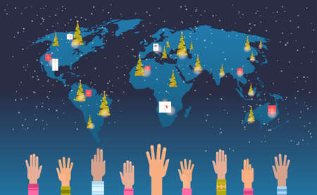 world map with gift present boxes raised up mix race hands merry christmas happy new year holiday...