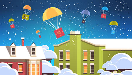 gift present boxes falling down with parachutes merry christmas happy new year air mail express delivery concept winter city houses snowy town street horizontal vector illustrationのイラスト素材