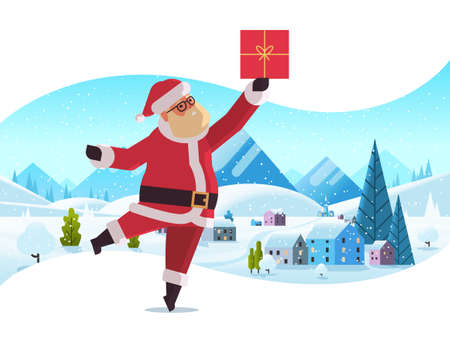 santa claus holding gift present box merry christmas happy new year holiday concept winter snowfall countryside landscape background greeting card full length horizontal vector illustrationのイラスト素材