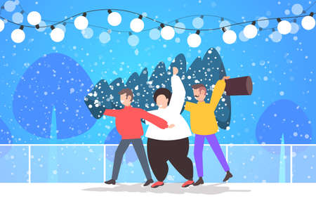 men carrying freshly cut down christmas tree winter holidays celebration concept guys holding fir tree snowfall landscape background horizontal full length vector illustrationのイラスト素材
