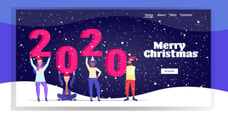 mix race people in santa hats holding number 2020 celebrating corporate party merry christmas happy new year winter holidays celebration concept greeting card full length horizontal vector illustrationのイラスト素材