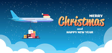 airplane with red santa hat flying with colorful gift present boxes merry christmas happy new year winter holidays celebration concept greeting card horizontal copy space vector illustrationのイラスト素材