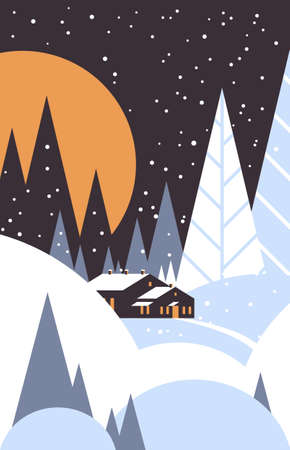 christmas night countryside landscape with house in forest merry xmas happy new year winter holidays concept greeting card vertical vector illustrationのイラスト素材