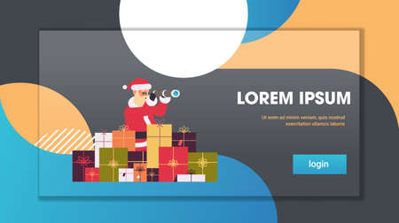 santa claus wits gift present boxes looking through binoculars merry christmas happy new year winter holidays concept greeting card horizontal copy space vector illustrationのイラスト素材