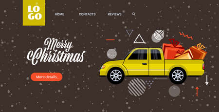 car with gift present boxes postcard merry christmas happy new year holiday celebration concept greeting card horizontal copy space vector illustrationのイラスト素材