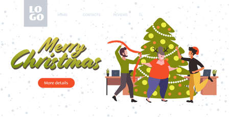 people dancing near christmas tree merry xmas happy new year holiday celebration concept office workers having fun corporate party greeting card horizontal copy space full length vector illustrationのイラスト素材