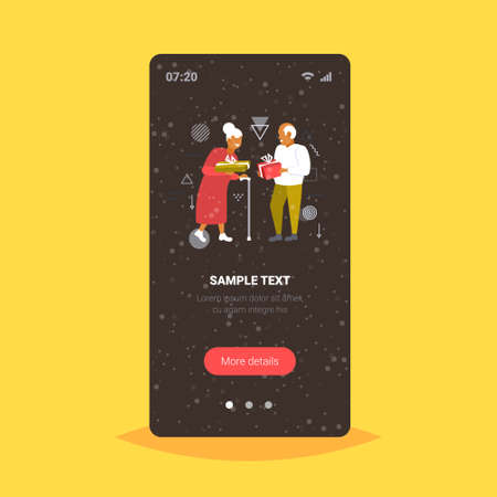 senior couple giving gift present boxes to each other merry christmas happy new year winter holiday celebration concept smartphone screen online mobile app full length vector illustrationのイラスト素材
