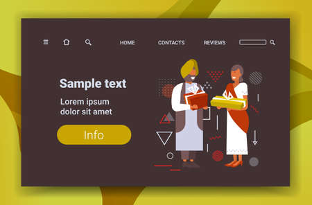 indian couple giving gift present boxes to each other merry christmas happy new year winter holidays celebration concept copy space full length horizontal vector illustrationのイラスト素材