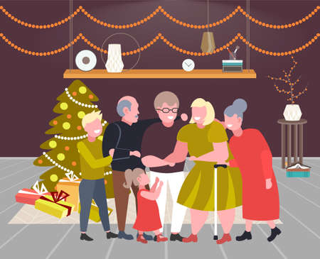multi generation family standing together merry christmas happy new year winter holiday celebration concept modern living room interior flat full length horizontal vector illustrationのイラスト素材