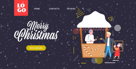 father with daughter buying lollipop candy in sweetmeats stall christmas market winter fair concept happy new year merry xmas holidays greeting card full length sketch horizontal vector illustrationのイラスト素材