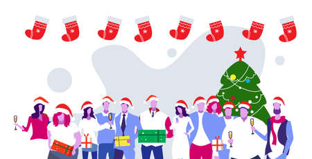 businesspeople holding gift boxes drinking champagne merry christmas happy new year winter holidays celebration concept coworkers wearing santa hats having corporate party portrait horizontal vector illustrationのイラスト素材