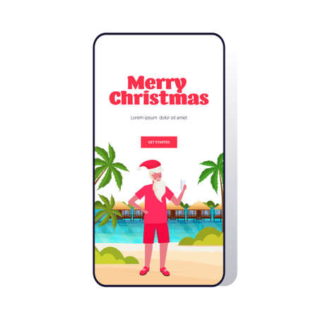 man wearing santa claus hat using phone on tropical beach new year christmas vacation holiday concept seascape background greeting card full length smartphone screen online mobile app vertical vector illustrationのイラスト素材