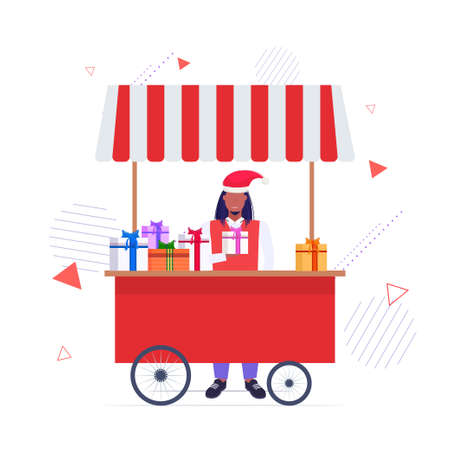 african american man in santa hat selling present boxes christmas market fair concept stall with wrapped gifts happy hew year merry xmas winter holidays full length sketch vector illustrationのイラスト素材