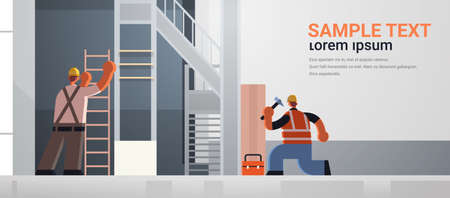 builders couple using hammer and ladder busy workmen team in uniform working together building concept construction site interior rear view flat full length horizontal copy space vector illustrationのイラスト素材