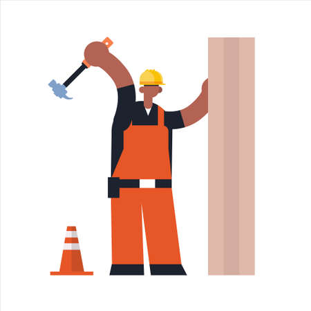 male builder using hammer busy african american workman industrial construction carpenter worker in uniform hammering a nail in wooden plank building concept flat full length vector illustrationのイラスト素材