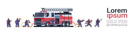 brave firemen at fire truck getting ready to extinguishing fire firefighters wearing uniform and...