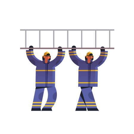 brave firemen couple carrying ladder firefighters team in uniform and helmet firefighting emergency service extinguishing fire concept flat white background full length vector illustrationのイラスト素材