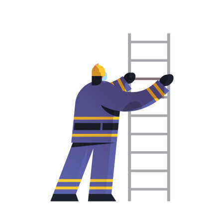 brave fireman climbing ladder firefighter wearing uniform and helmet firefighting emergency service extinguishing fire concept flat white background full length vector illustrationのイラスト素材