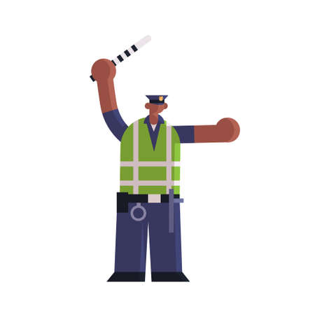 male road police inspector using traffic stick african american policeman officer in uniform security authority justice law service concept flat full length white background vector illustrationのイラスト素材