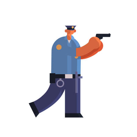 police officer standing with pistol policeman in uniform holding weapon security authority justice law service concept flat full length vector illustrationのイラスト素材
