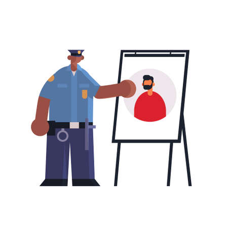 male police officer presenting information board with thief photo african american policeman in uniform security authority justice law service concept flat full length white background vector illustrationのイラスト素材