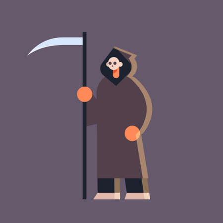 cute guy wearing grim reaper scarecrow costume man with scythe standing pose happy halloween party celebration concept flat full length vector illustrationのイラスト素材