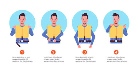 set guidance from the steward flight attendant man explaining safety instructions with life vest step by step demonstration how to behave in emergency situation portrait horizontal copy space vector illustrationのイラスト素材