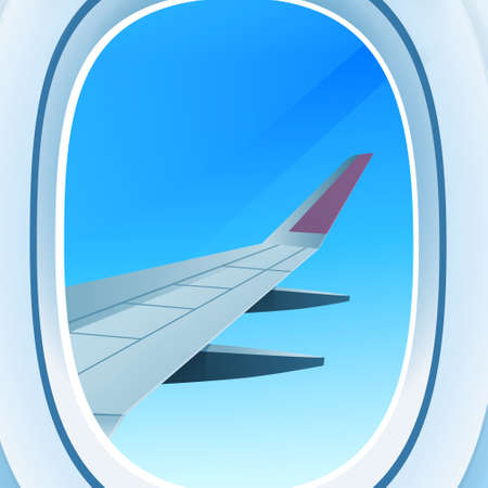 airplane window opened porthole view into open space sky with wing travel tourism air transportation concept flat vector illustrationのイラスト素材