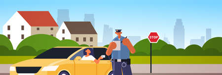 police officer writing report parking fine or speeding ticket for woman sitting in car showing driver license road traffic safety regulations concept cityscape background portrait vector illustrationのイラスト素材