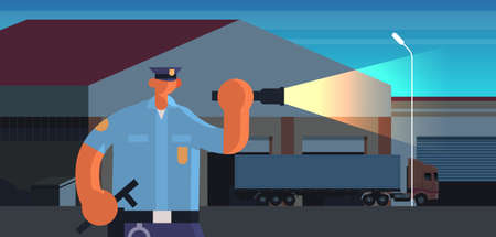 police officer using flashlight policeman in uniform security authority justice law service concept night warehouse building exterior flat portrait horizontal vector illustrationのイラスト素材