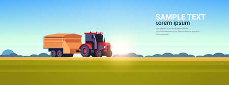 tractor with trailer heavy machinery working in field smart farming modern technology organization of harvesting concept sunset landscape background flat horizontal copy space vector illustrationのイラスト素材