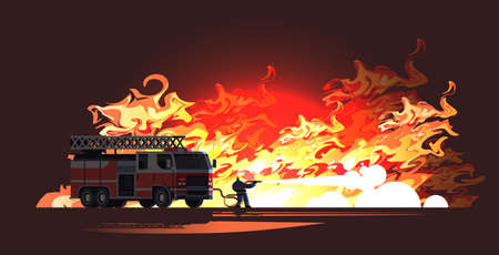brave fireman near fire truck extinguishing flame firefighter wearing uniform and helmet spraying...