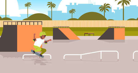 male skater performing tricks in public skate board park with ramp for skateboarding teenager having fun riding skateboard landscape background flat full length horizontal vector illustration.のイラスト素材