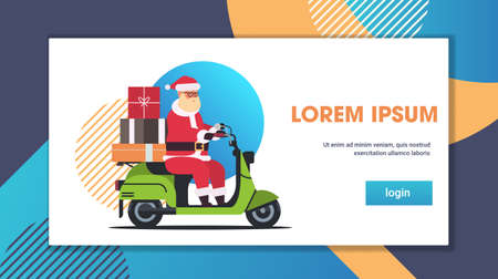 santa claus with gift present boxes riding delivery scooter merry christmas happy new year winter holidays celebration concept full length horizontal flat copy space vector illustrationのイラスト素材