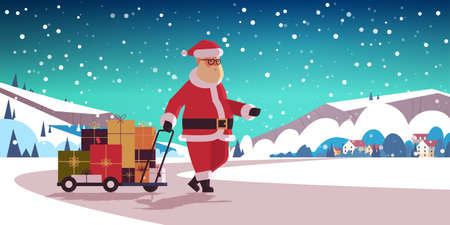 santa claus pulling trolley cart with gift present boxes merry christmas happy new year winter holidays celebration concept countryside landscape background horizontal flat vector illustrationのイラスト素材