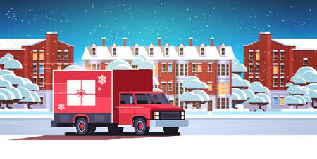 santa claus driving delivery van with gift box container shipping transport for merry christmas happy new year winter holidays celebration concept horizontal snowy cityscape background flat vector illustrationのイラスト素材
