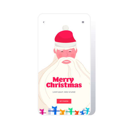 merry christmas and happy new year lettering on santa claus white beard winter holidays celebration concept smartphone screen online mobile app greeting card portrait vector illustrationのイラスト素材