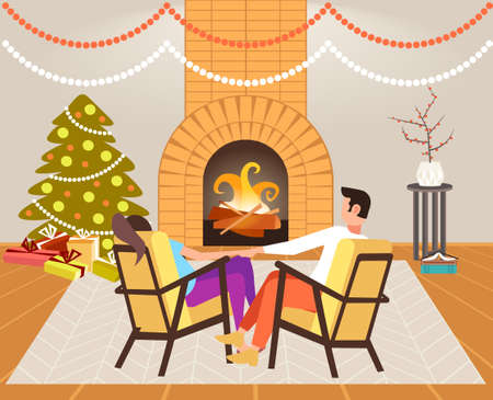 couple sitting near fireplace xmas new year holidays celebration concept man woman holding hands relaxing in christmas evening modern living room interior rear view vector illustrationのイラスト素材