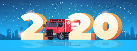delivery van with gift box container shipping transport for merry christmas happy new year winter...