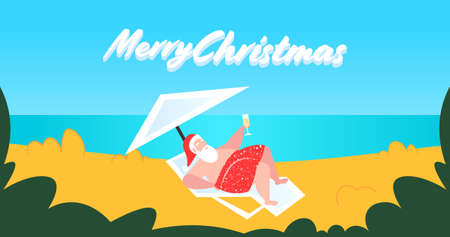 santa claus sunbathing bearded man lying on sun lounger drinking cocktail christmas new year vacation concept seascape background horizontal vector illustrationのイラスト素材