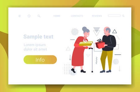 senior couple giving gift present boxes to each other merry christmas happy new year winter holiday celebration concept full length horizontal copy space vector illustrationのイラスト素材