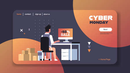 man using computer doing online shopping cyber monday special offer concept 50 percent sale on monitor horizontal full length copy space vector illustrationのイラスト素材