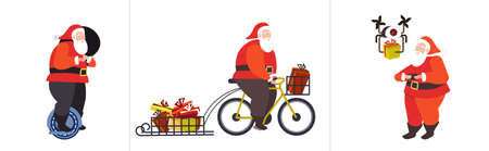 set santa claus riding mono wheel cycling and controlling drone merry christmas happy new year winter holidays celebration concept horizontal full length vector illustrationのイラスト素材