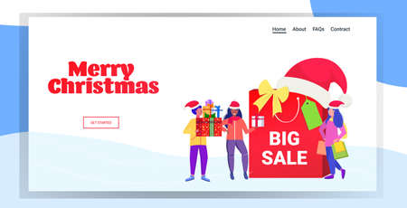 people in santa hats standing near big shopping bag christmas sale concept mix race men women holding gift boxes xmas new year holidays celebration horizontal full length greeting card vector illustrationのイラスト素材
