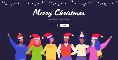 people in santa hats having fun mix race men women embracing merry christmas happy new year winter holidays celebration concept horizontal portrait greeting card vector illustrationのイラスト素材