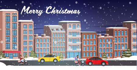 cars and scooters driving asphalt road snowy town street winter city buildings night cityscape snowfall background horizontal greeting card vector illustrationのイラスト素材