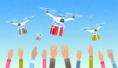 mix race human hands raised up drones delivering gift present boxes sky transportation shipping air mail express delivery concept horizontal vector illustrationのイラスト素材
