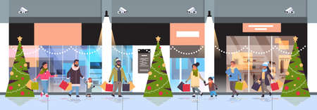 people walking with colorful paper bags merry christmas happy new year shopping concept mix race parents with children holding purchases modern mall exterior horizontal banner full length vector illustrationのイラスト素材